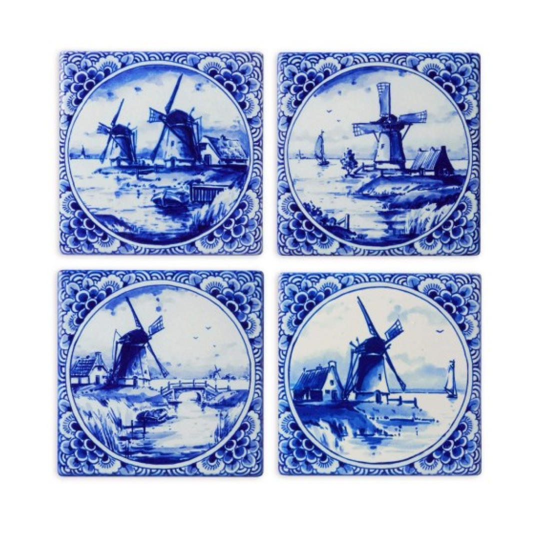 Delft Blue Windmill Coaster: Set of 4