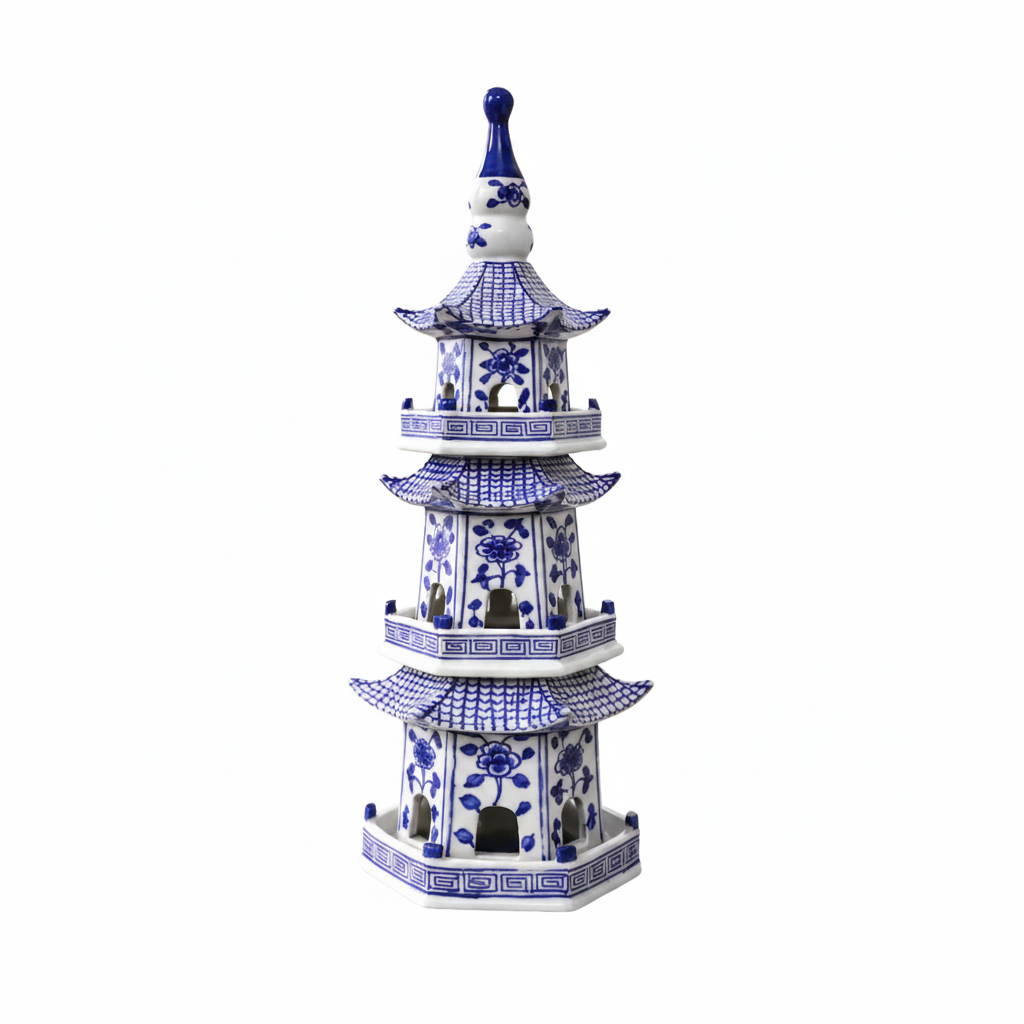 3-Tiered Japanese Pagoda: "Flowers" Blue