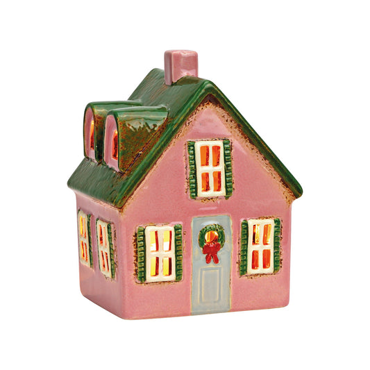 Rose & Evergreen Cottage – Tea Light Miniature (Hand-painted) [Ships Nov 15]