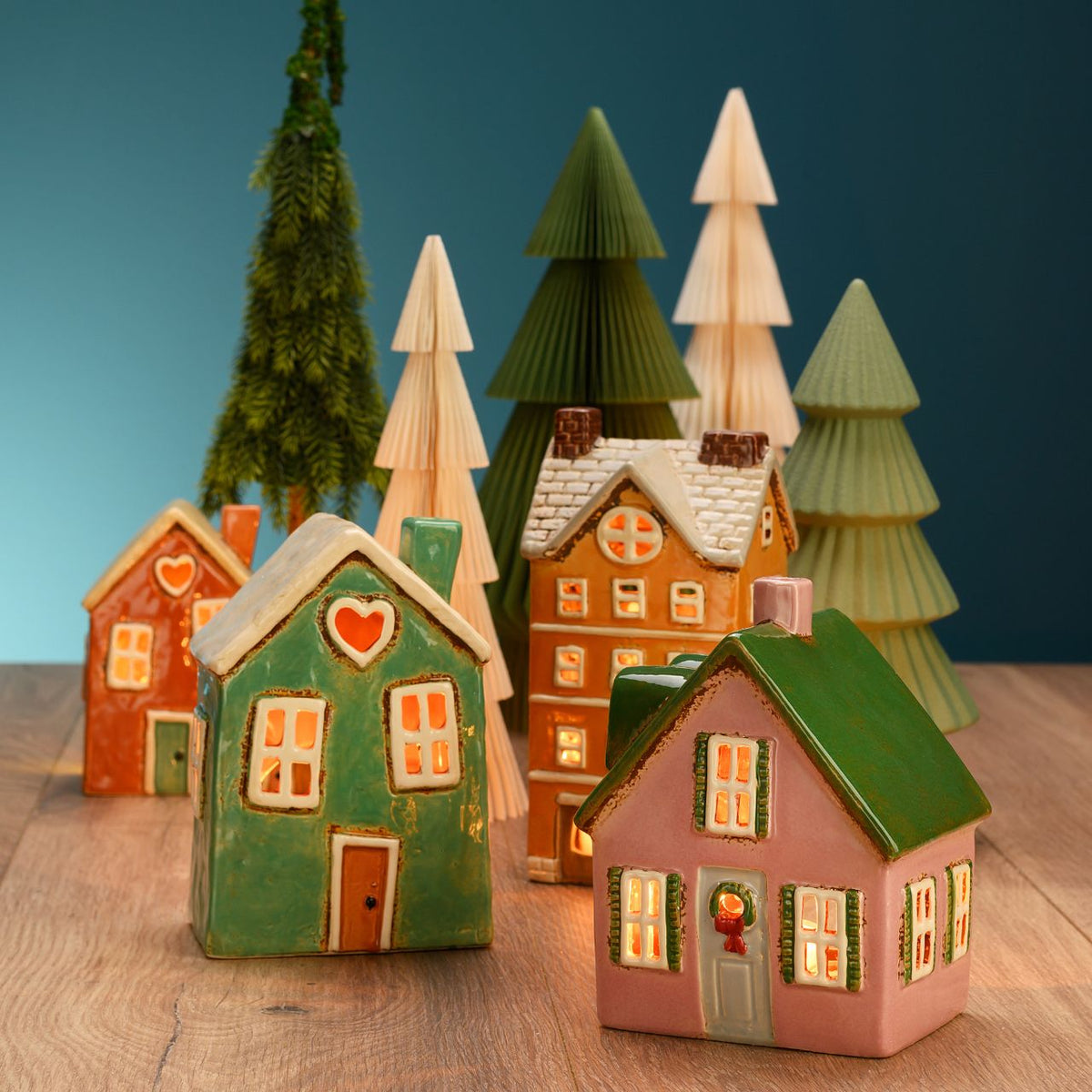 Rose & Evergreen Cottage – Tea Light Miniature (Hand-painted) [Ships Nov 15]