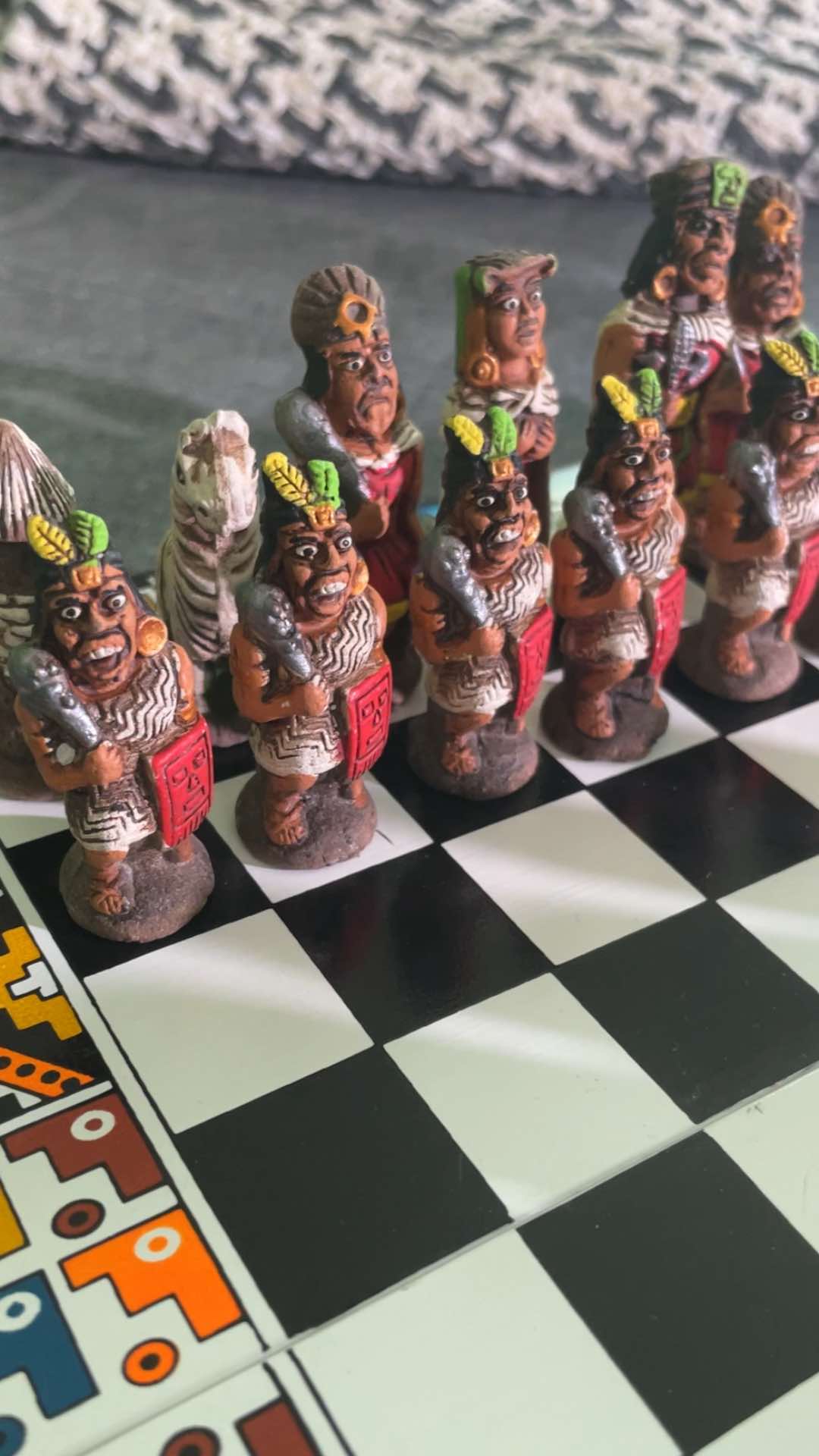 Medium original chess, handcrafted, detailed coloring, Peru, Indians versus colonialists, hot clay or pottery, but very durable